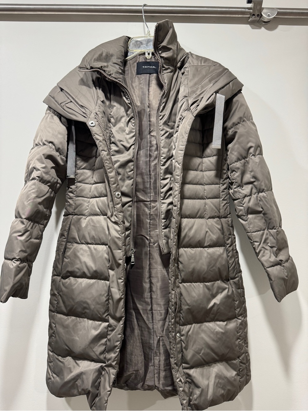 Tahari Taupe Quilted Puffer Coat with High Collar